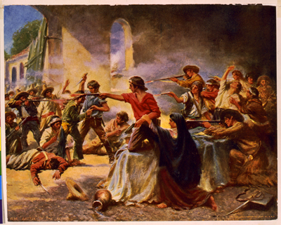 "Battle of the Alamo," artistic depiction by Percy Moran, 1912.  Claiborne Wright fought in the defense of the Alamo and died when the Alamo fell to General Antonio Lopez.  From the Library of Congress Prints and Photographs Online Collection. 