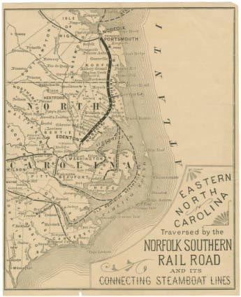 Image of "Eastern North Carolina: Traversed by the Norfolk Southern Railroad and its connecting steamboat lines," published in 1884 by J. C. Rankin. Presented in University of North Carolina at Chapel Hill's North Carolina Maps Digital Collection.
