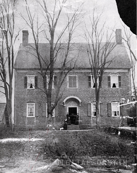 "The Vierling House and Barn in Salem seen from the south on Church Street. Three unidentified women are seen on the front steps. Built in 1802 by Dr. Samuel Benjamin Vierling, the most renowned of Salem’s early physicians. The house was home to Dr. Vierling’s large family and thriving medical practice," from Digital Forsyth, published between 1875-1880 by Old Salem Museums and Gardens. Presented on Digital Forsyth.