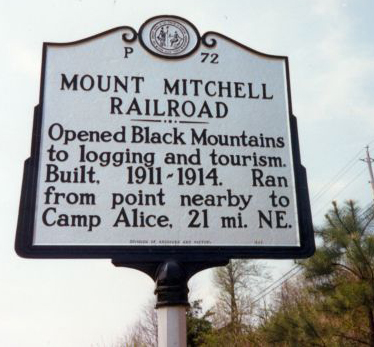 Mount Mitchell Railroad placard. Trees are in the background.