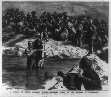 "A baptism of North American Indians - Mormons posing as the apostles of Christianity." 1882, wood engraving. Image courtesy of Library of Congress.  