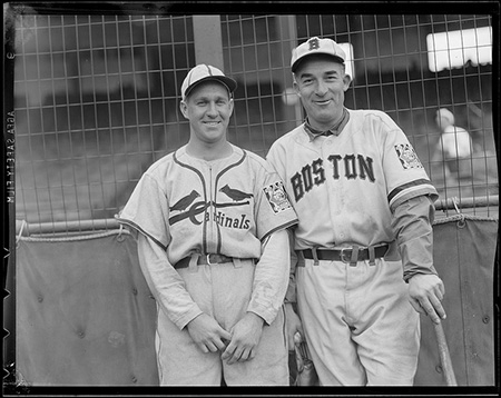 St. Louis Cardinal Enos "Country" Slaughter and Boston Bee Al Simmons in front of the screen at Braves Field, 1939. Copyright Leslie Jones. Image courtesy of the Boston Public Library, Leslie Jones Collection.