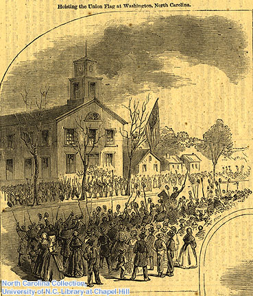 "Hoisting the Untion Flag at Washington, North Carolina." 