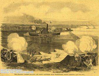 "the steams 'escort' running the rebel batteries near washington, nc. harper's weekly, may 9, 1863. courtesy of the north carolina collection, univerity of north carolina libraries. 