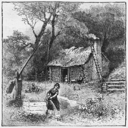 An 1881 drawing (titled Carolina Home) depicting a woman pouring water from a bucket suspended from a well sweep. North Carolina Collection, University of North Carolina at Chapel Hill Library.