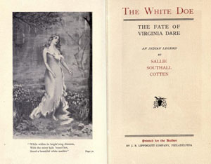 The cover and back flap of the book The White Doe. The back is an image of a woman with long curly, long dress standing in grass. 