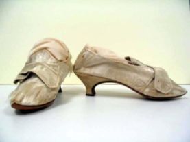 White, pointed high heels, "straight" design, ca. 1760; worn by Mrs. Wilson Blount (signed on soles). 