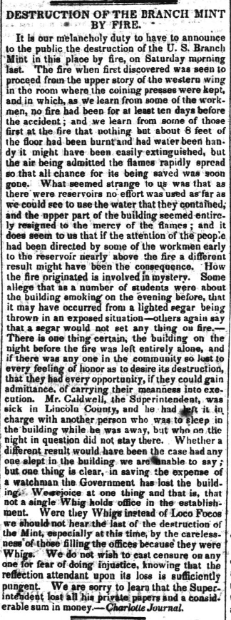 A newspaper snippet describing the 1844 Mint building fire in Charlotte. 