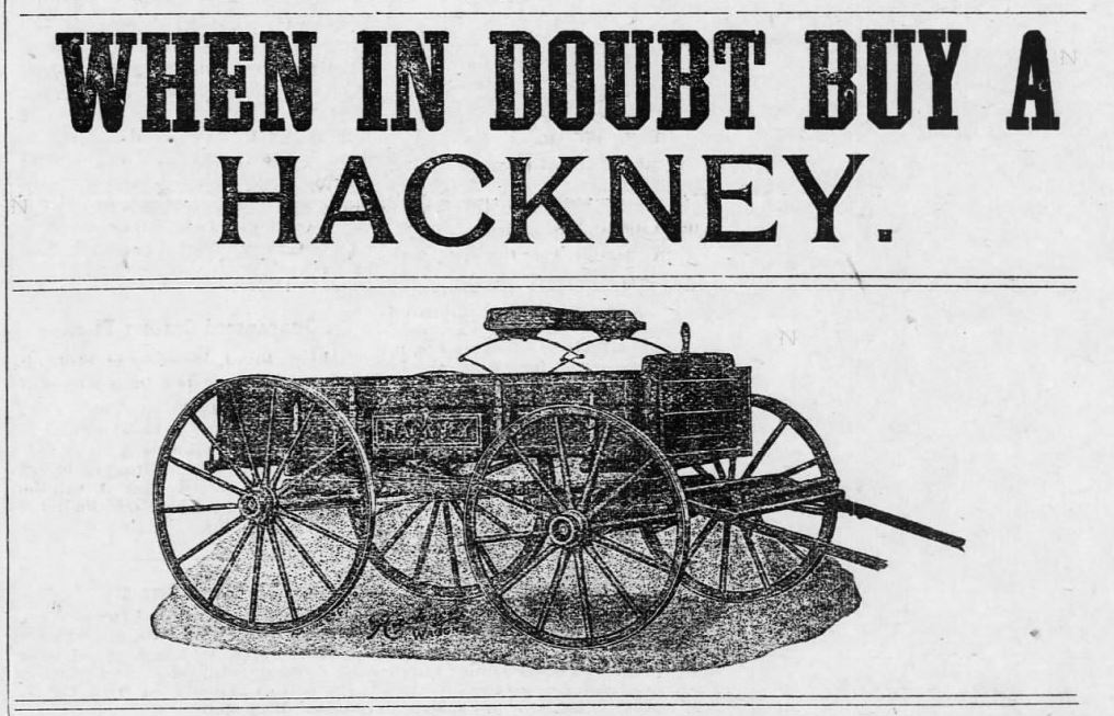 Advertisement for the Hackney Wagon Co., from the Warrenton Record (Warrenton, NC), April 13, 1906.