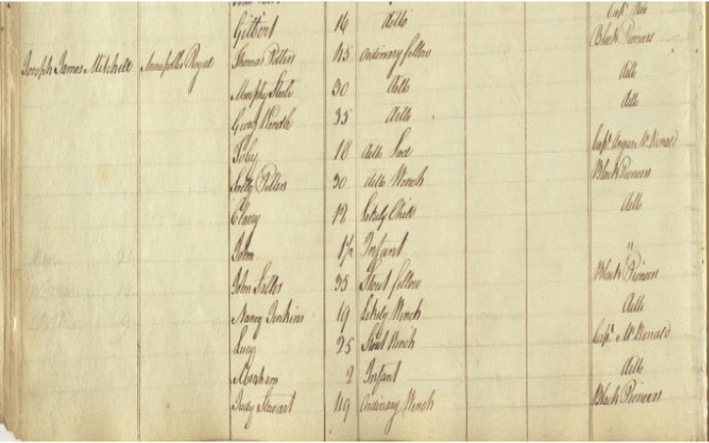 Black Loyalists evacuated from New York. List enumerates Peters and his family. 