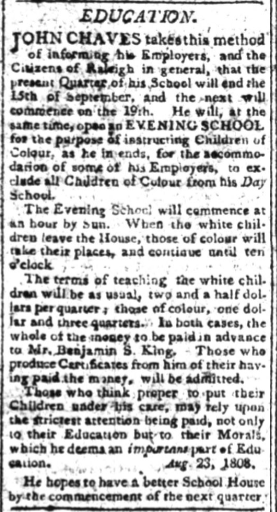A newspaper clipping showing Chavis's advertisement for his school in 1808.