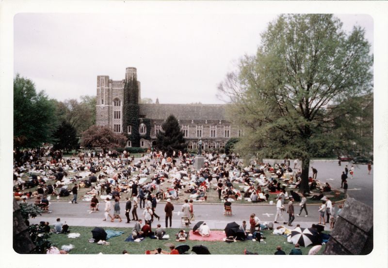 During the silent vigil at Duke University following Dr. King's assassination, students sat on the Chapel Quad for days, and university food services and housekeeping employees went on strike.