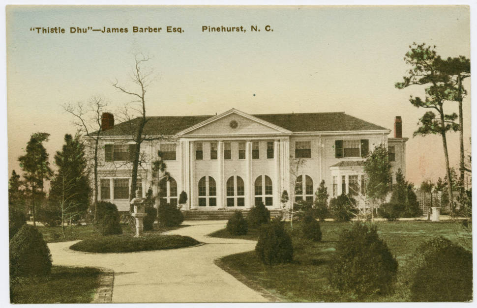Postcard image of James Barber's mansion, "Thistle Dhu". A mansion overlooks an ornamental garden.