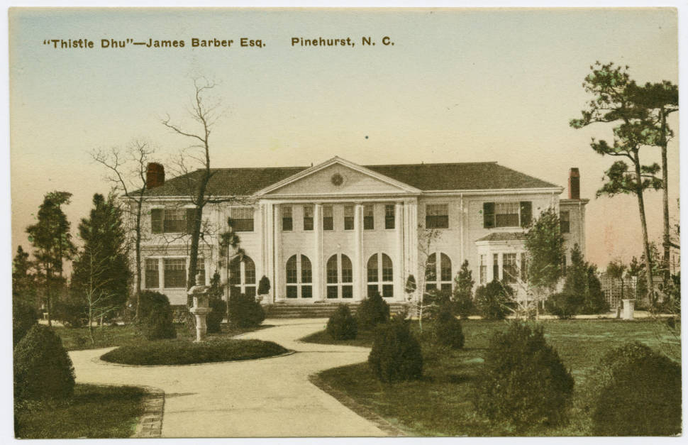 James Barber's mansion, "Thistle Dhu". A large white house with columns in front overlooks an ornamental garden. A pathway leads up to house steps.