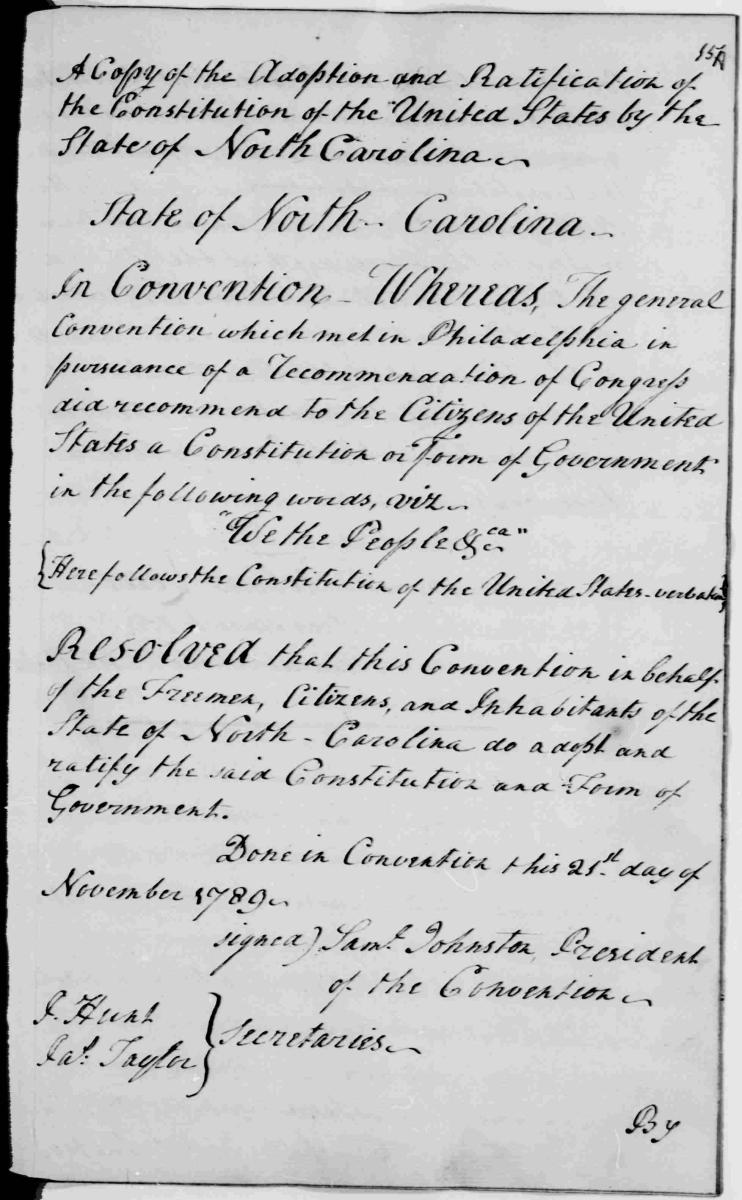 Handwritten black text on white paper; Begins with "A Copy of the Adoption and Ratification of the Constitution of the United States by the State of North Carolina ..." 
