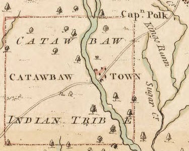 A sample from a colonial map outlining an indigenous tribe and their village, labeled "Catawbaw Town."