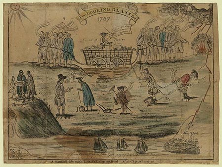 This watercolor print depicts the conflict that existed between Federalists and Antifederalists on the eve of the signing of the Constitution in 1787.