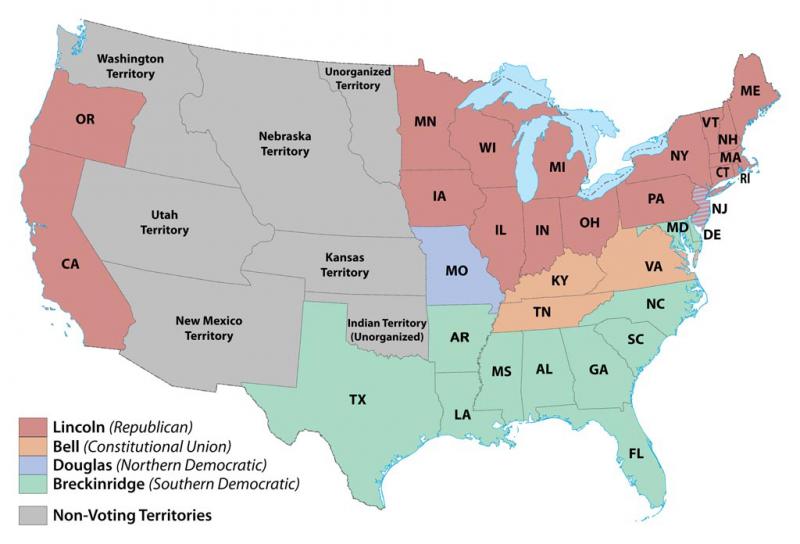 Electoral map for the 1860 election, color coded by who received the majority of the votes in each state or territory.