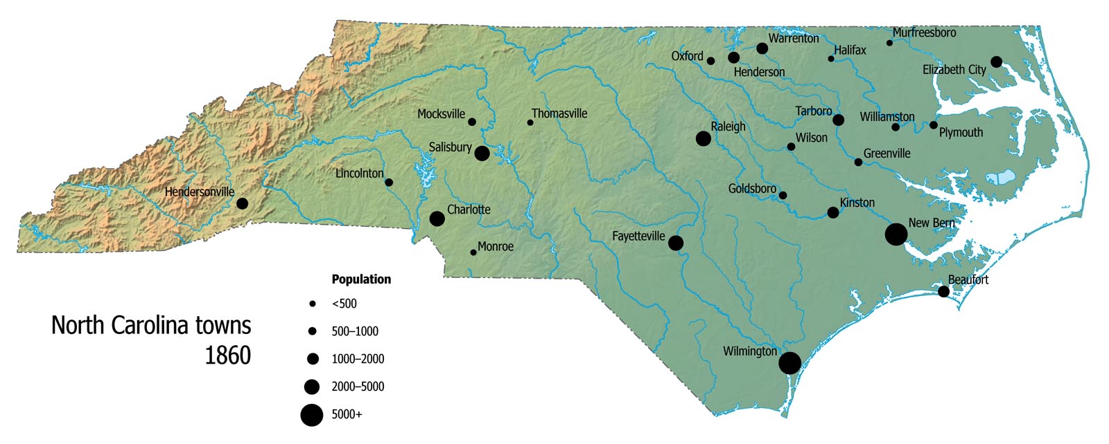 Map of North Carolina towns with population as listed in the 1860 census.