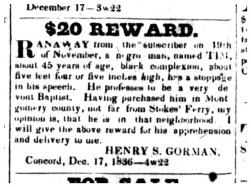Ad advertising a reward for a runaway slave -- Tim -- published in the December 17, 1836 edition of the Carolina Watchman.