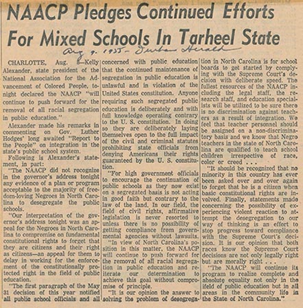 This is an image of an article titled NAACP Pledges Continued Efforts for Mixed Schools in Tarheel State, August 9, 1955.