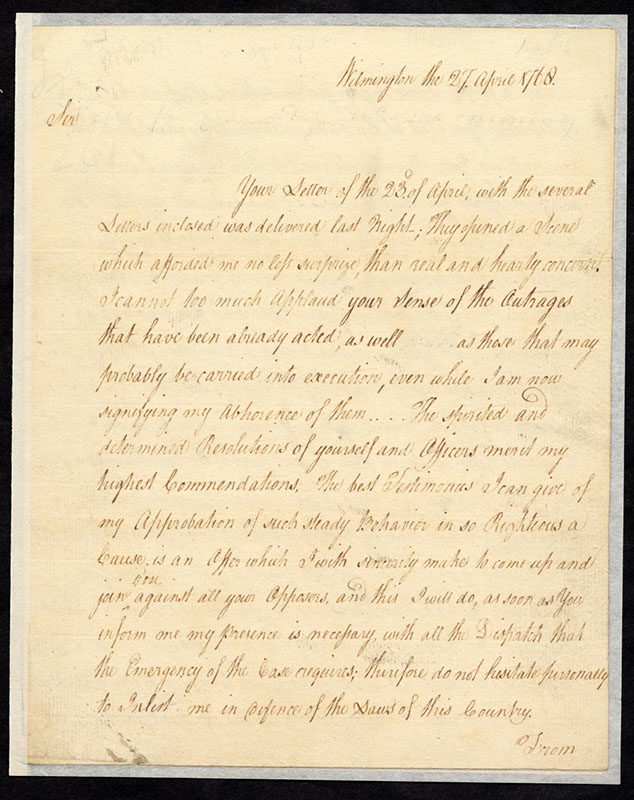 Governor William Tryon's to reply to Edmund Fanning's letter of April 23, 1768. From the Colonial Governors' Papers Records, State Archives of North Carolina.