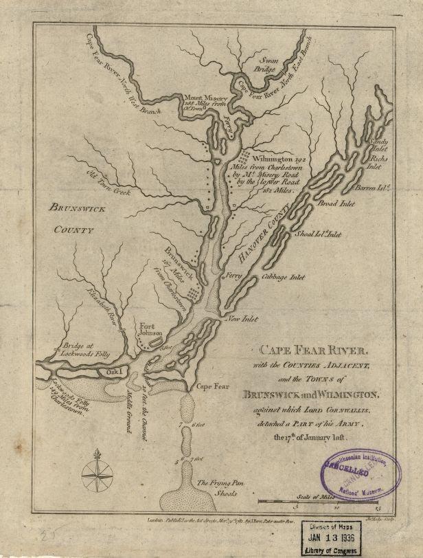 A map of the Cape Fear River, with the counties adjacent, and the towns of Brunswick and Wilmington, against which Lord Cornwallis, detached a part of his army, the 17th of January, 1781. Image from the Library of Congress.