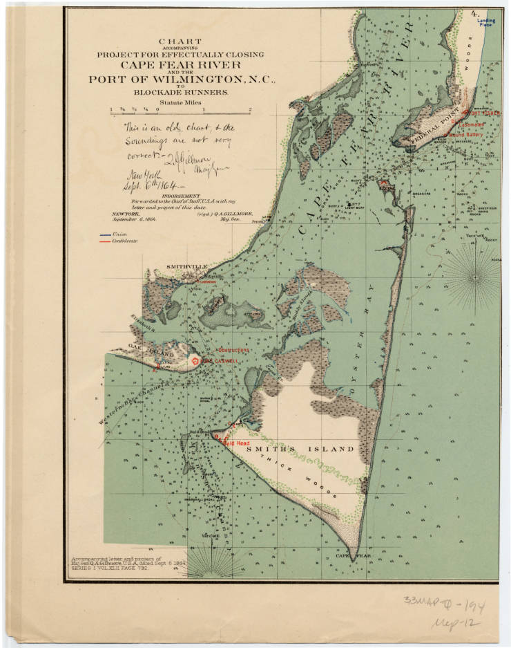 Map of the entrances of the Cape Fear River with locations of confederate forts and fortifications. 