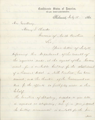 Cover page of 1861 letter from Confederate Secretary of War LeRoy Pope Walker to NC Governor Henry Toole Clark regarding the establishment of a confederate prison in Salisbury. 