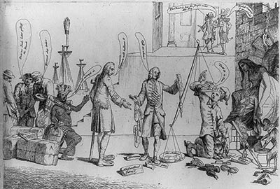 Print shows George Grenville holding a balance with scales "Debts" and "Savings", the debt far outweighs savings; among those in line to contribute their savings is a Native American woman representing America, she wears a yoke labeled "Taxed without representation". A melancholy Britannia sits on the far right.