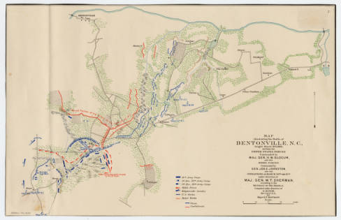 Color coded map illustrating the Battle of Bentonville.