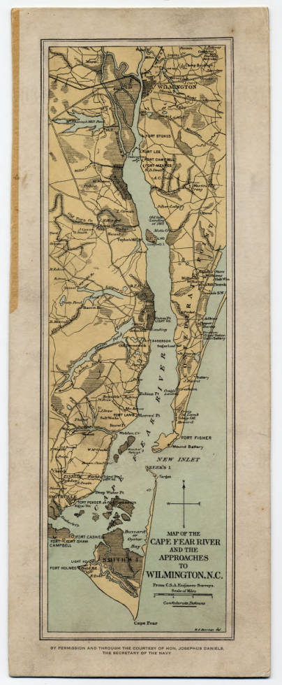 Map created for the Confederate Army depicting the Cape Fear river and its entrances to Wilmington. It was because of the barrier islands and shoals that the Union ships could not entirely blockade this area, which made it possible for "blockade runners" to transport goods in and out of Wilmington.