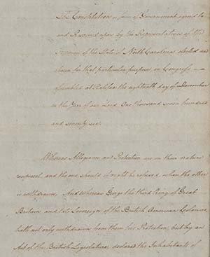 This is an image of the handwritten original of North Carolina's 1776 Constitution. 