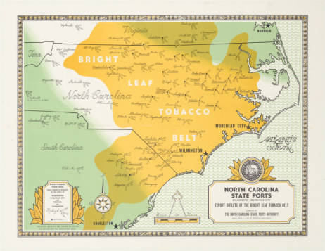 Map of the "Bright Leaf Tobacco Belt," courtesy of UNC Libraries.