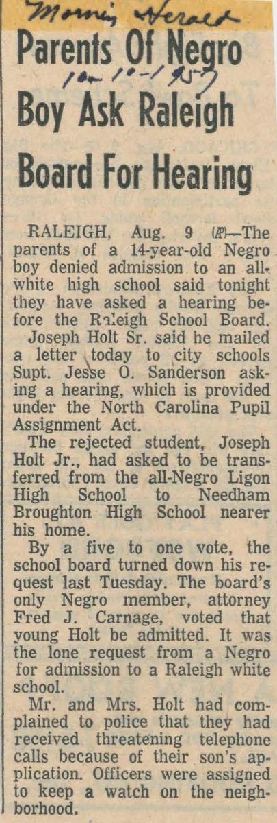 This is an image of the article titled "Parents of a negro boy ask Raleigh board for hearing" from August 9, 1957.
