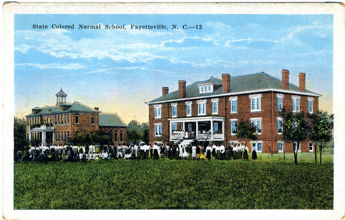 Color postcard showing two brick buildings at the Colored State Normal School in Fayetteville, N.C.