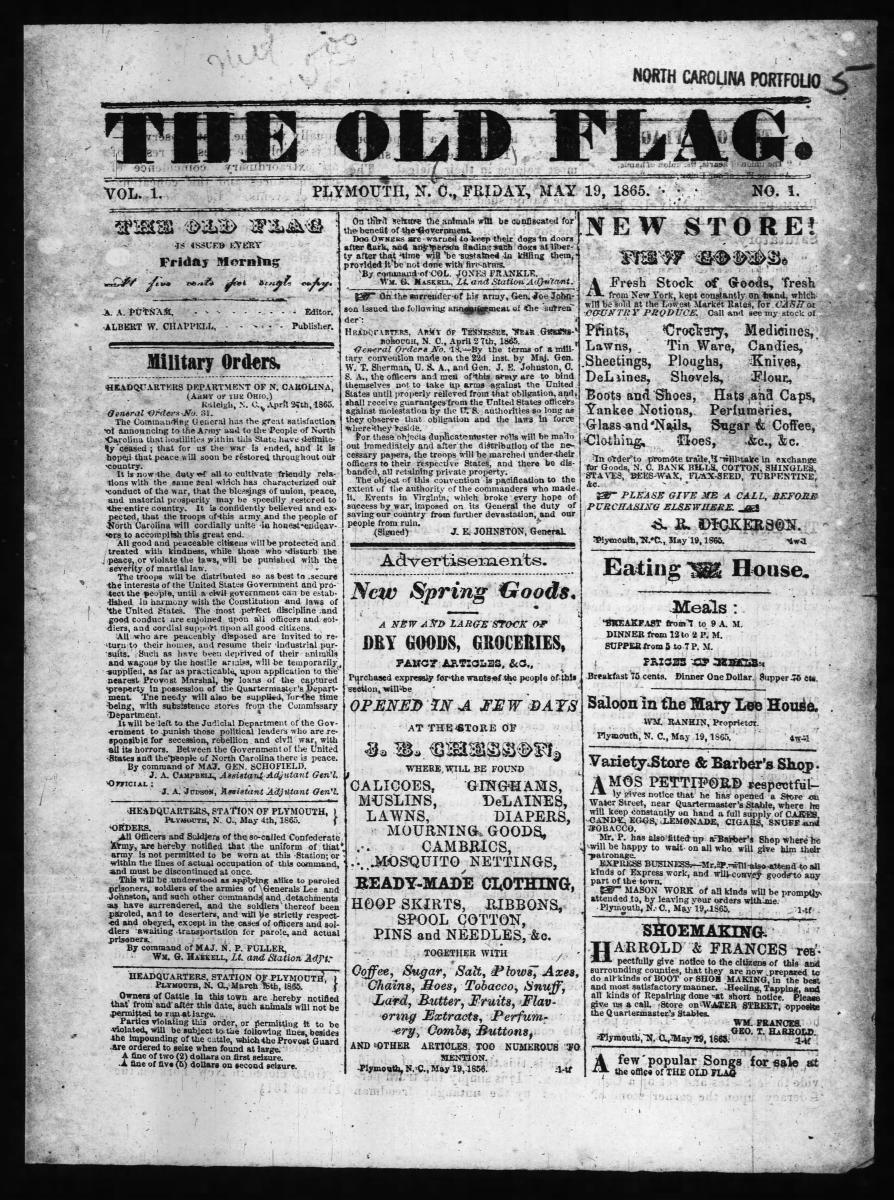 Advertisements in a Plymouth, North Carolina, newspaper, celebrate the return of peace -- and of consumer goods from the North.