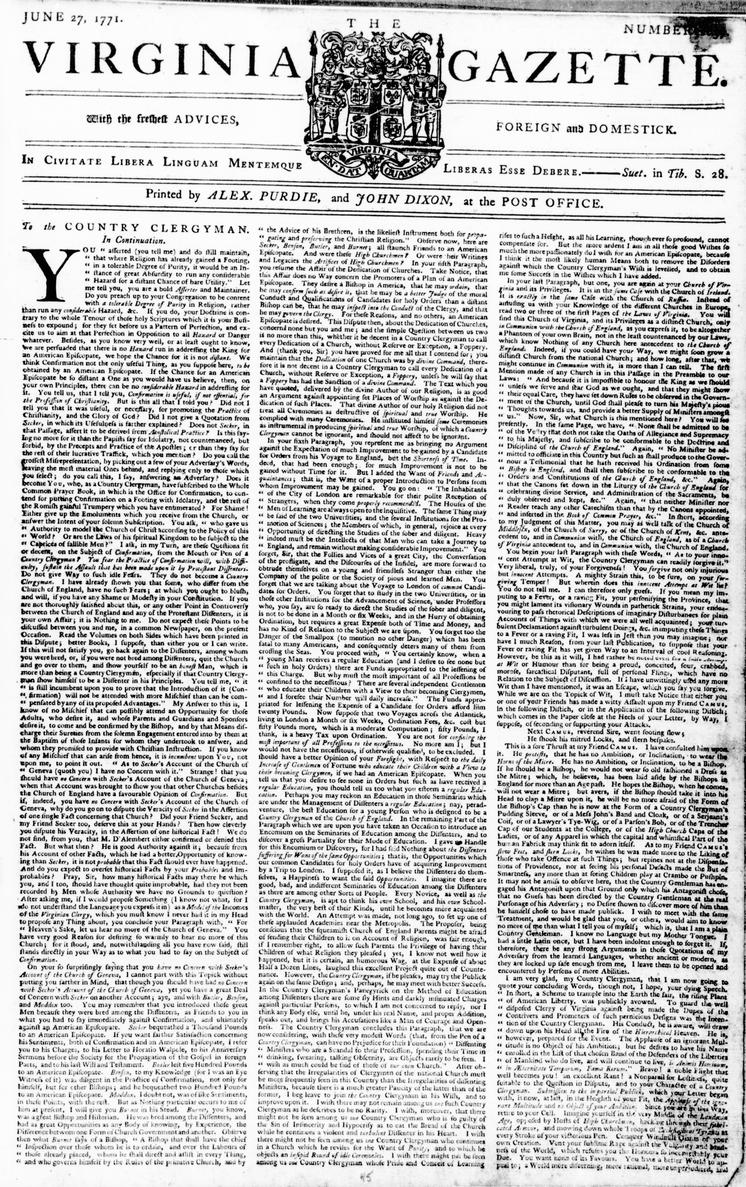 Image of the front page of the Virginia Gazette