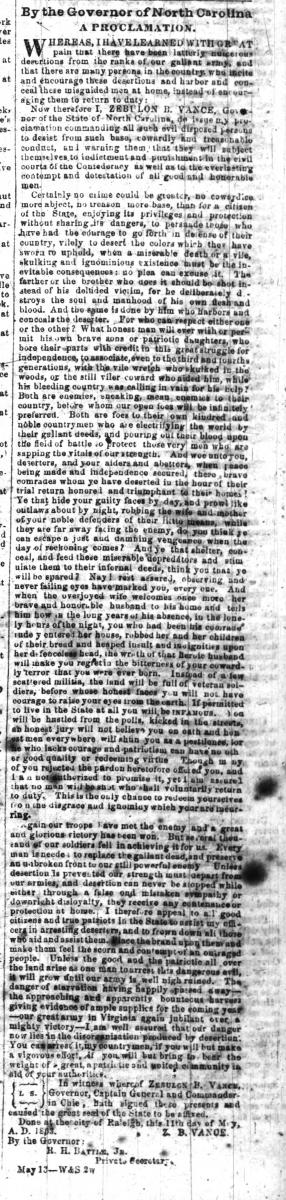 Vance's proclamation was published in the Weekly Raleigh Register on Wednesday, May 20, 1863. 