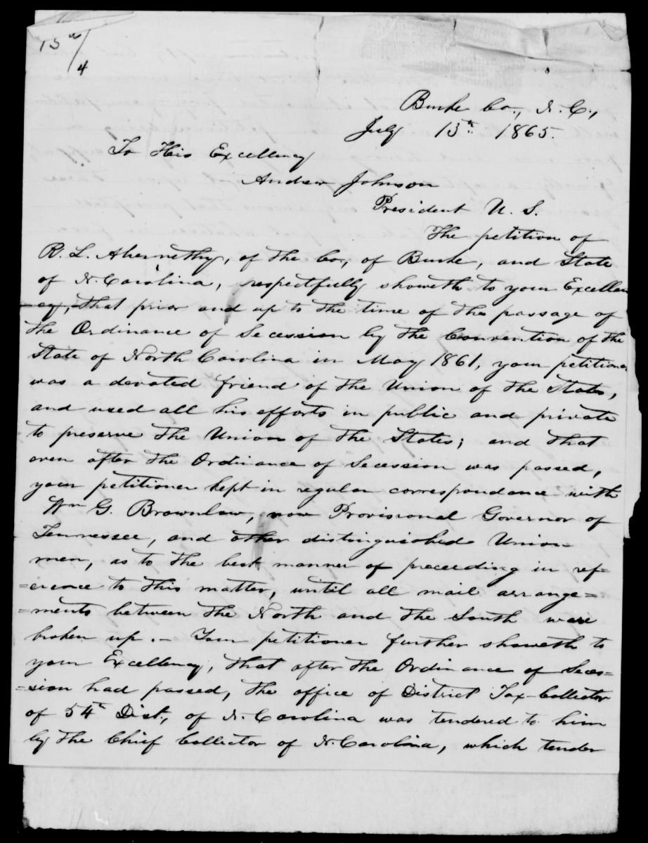 R. L. Abernathy's handwritten application for pardon and amnesty from the National Archives.