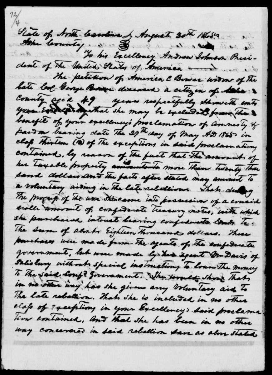 America C. Bower's handwritten application for pardon and amnesty from the National Archives.