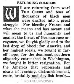 Image of the opening paragraph of an editorial, "Returning Soldiers", by W.E.B. Du Bois in the "The Crisis," May 19. Click on the image to learn more.