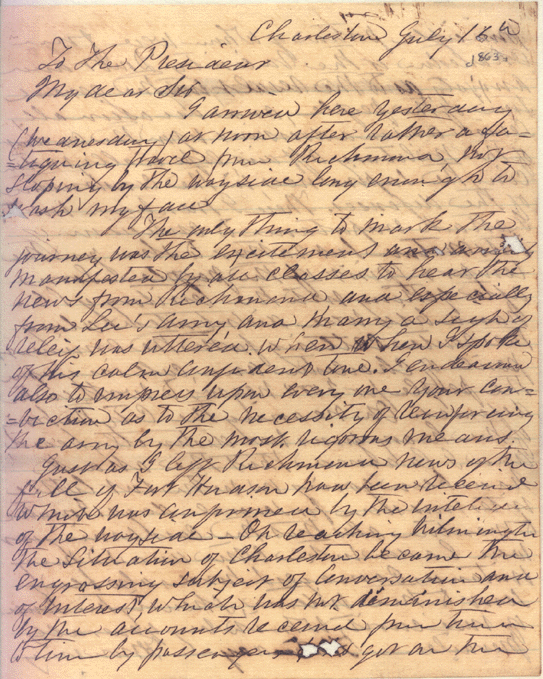 The first page of Greenhow's letter to Davis.