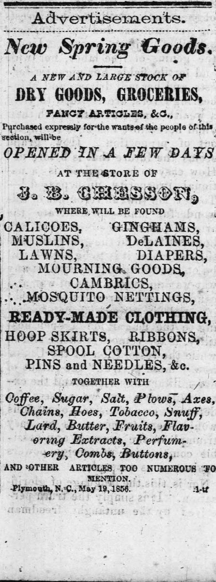 Advertisement for new spring goods, from The Old Flag 