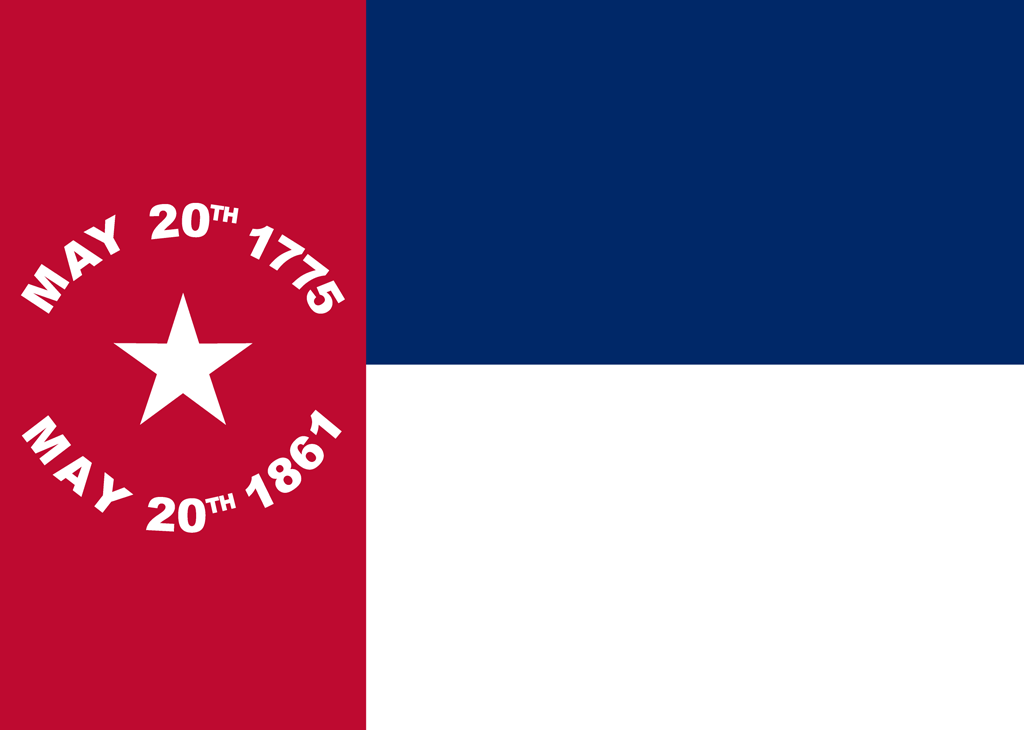 The state flag of North Carolina adopted following secession from the United States in 1861 consists of a red field at left and, at right, a blue bar above a white bar. The red field contains a single white star with the dates, in white, May 20th 1775 (the date of the Mecklenburg Resolves) and May 20th 1861 (the date of secession). It was replaced by the current state flag in 1885.