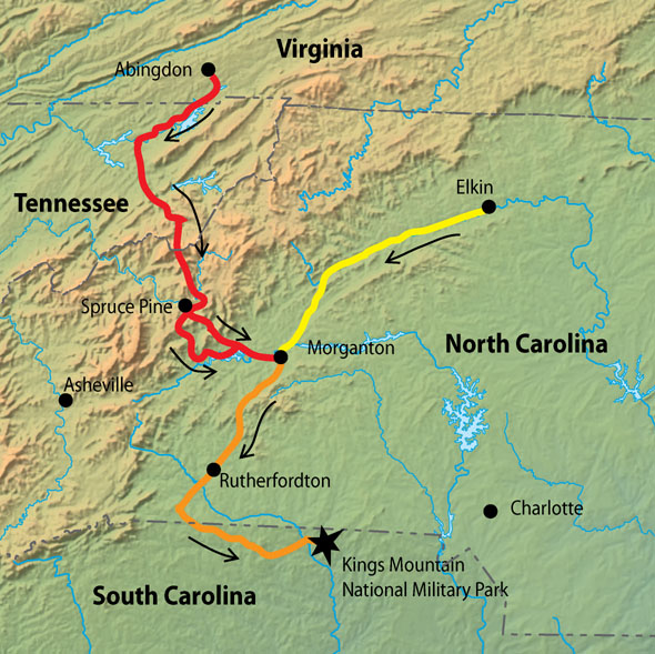 This is an image of a map depicting a likely route of Patriot militias to the Battle of King's Mountain, October, 1780.