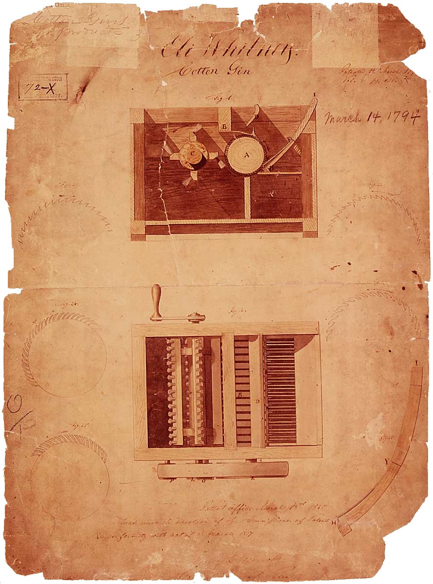 Drawings of cotton gin from Eli Whitney's patent application