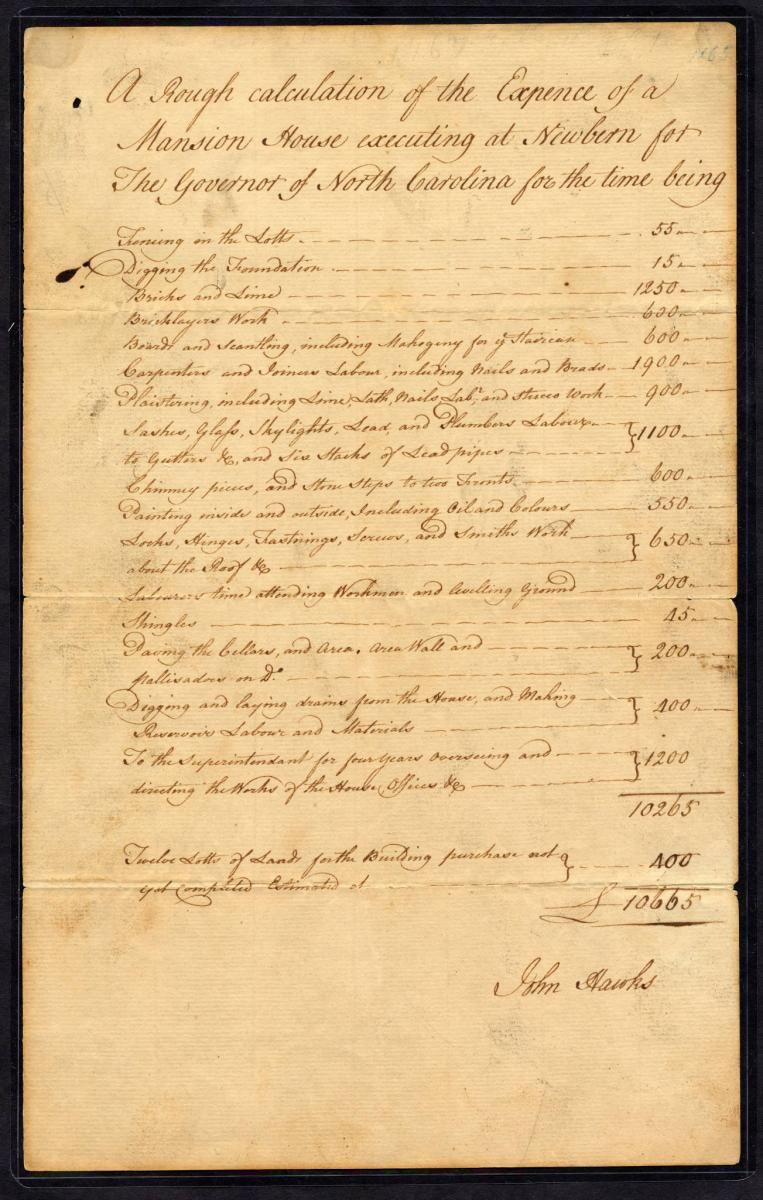 Image of the cost sheet for Tryon Palace