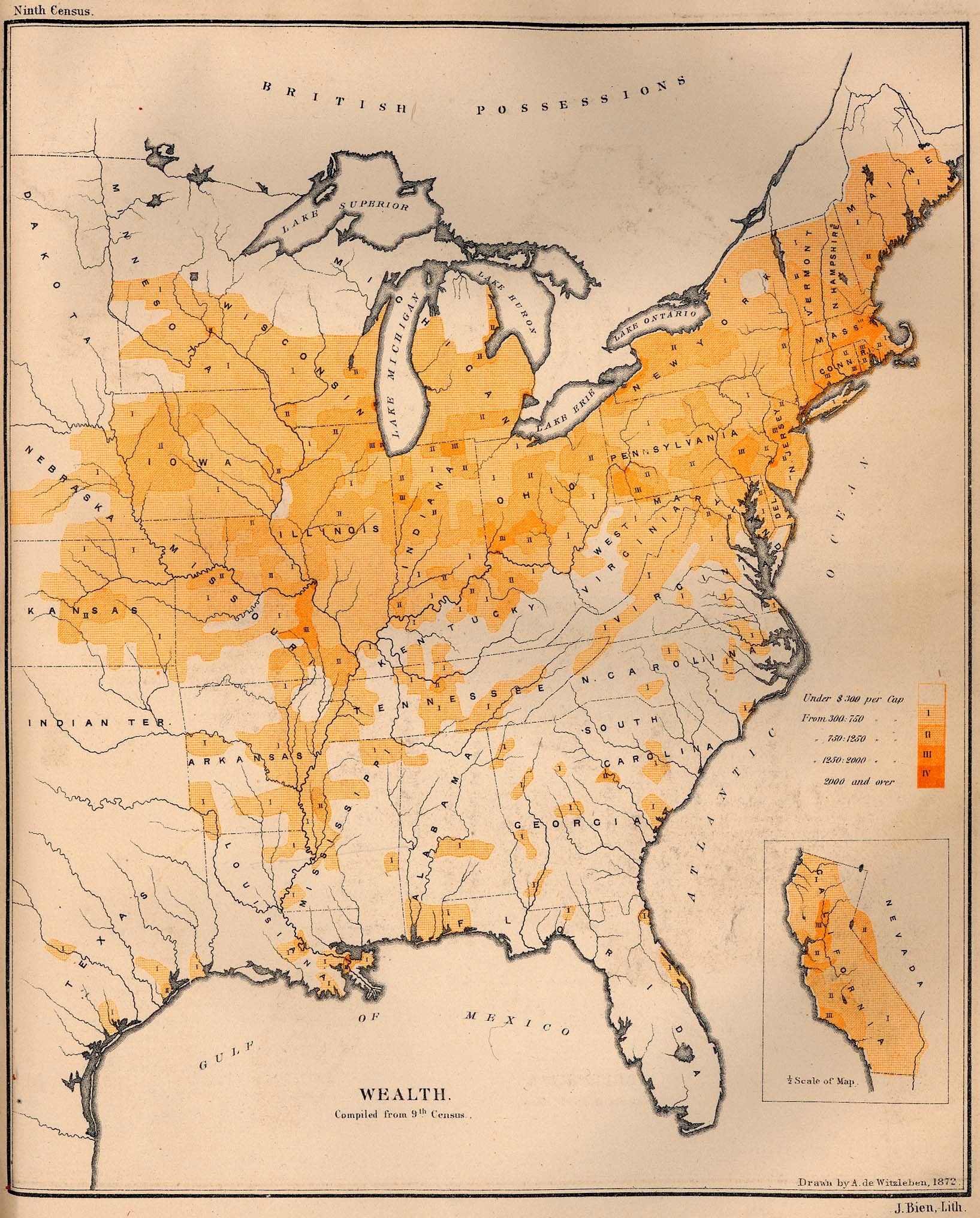 This 1872 map shows the distribution of per capita (per person) wealth in the United States.