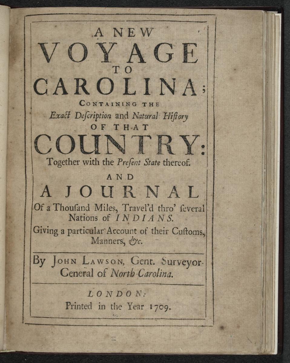 Title page for A New Voyage to Carolina, printed in 1709.